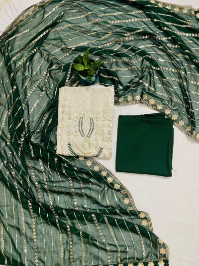 Premium Unstitched Embroidered Georgette Dress - Dark Green G102