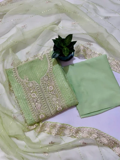 Premium Unstitched Embroidered Organza Dress - Tea Green G103