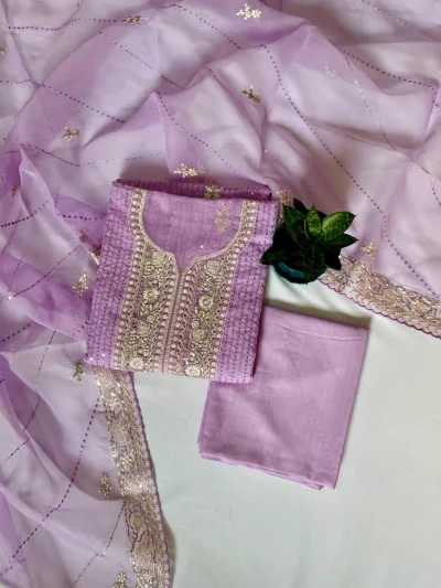 Premium Unstitched Embroidered Organza Dress - Lavender G104