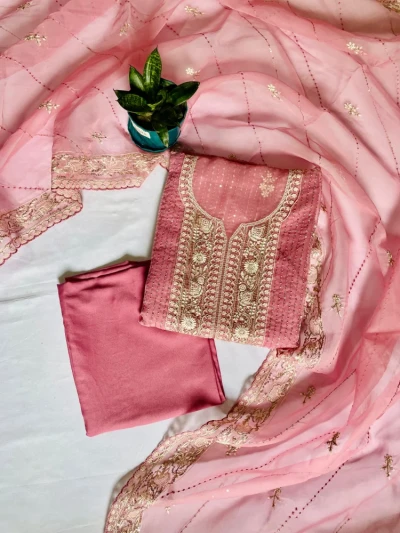 Premium Unstitched Embroidered Organza Dress - Baby Pink G105