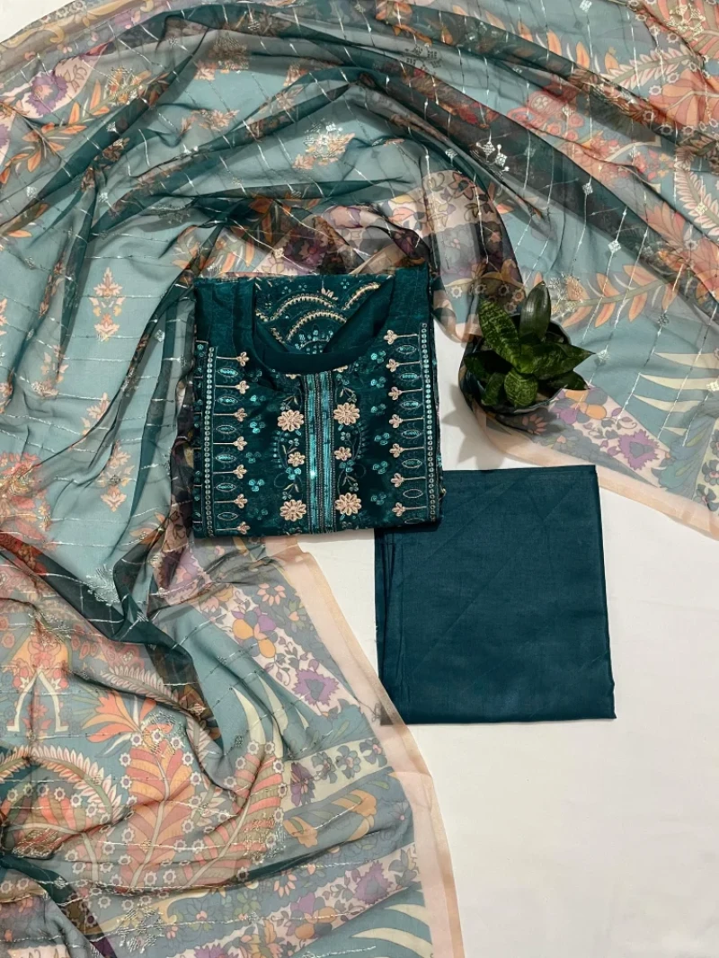 Premium Unstitched Embroidered Georgette Dress - Dark Teal G106