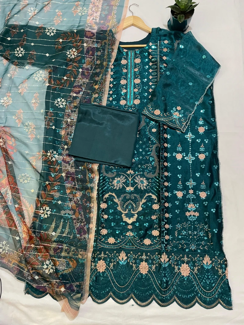 Premium Unstitched Embroidered Georgette Dress - Dark Teal G106