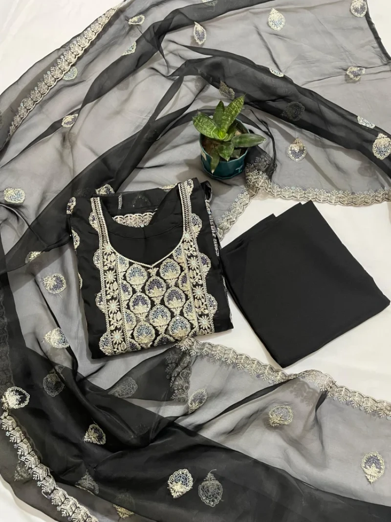Premium Unstitched Embroidered Organza Dress - Black G107