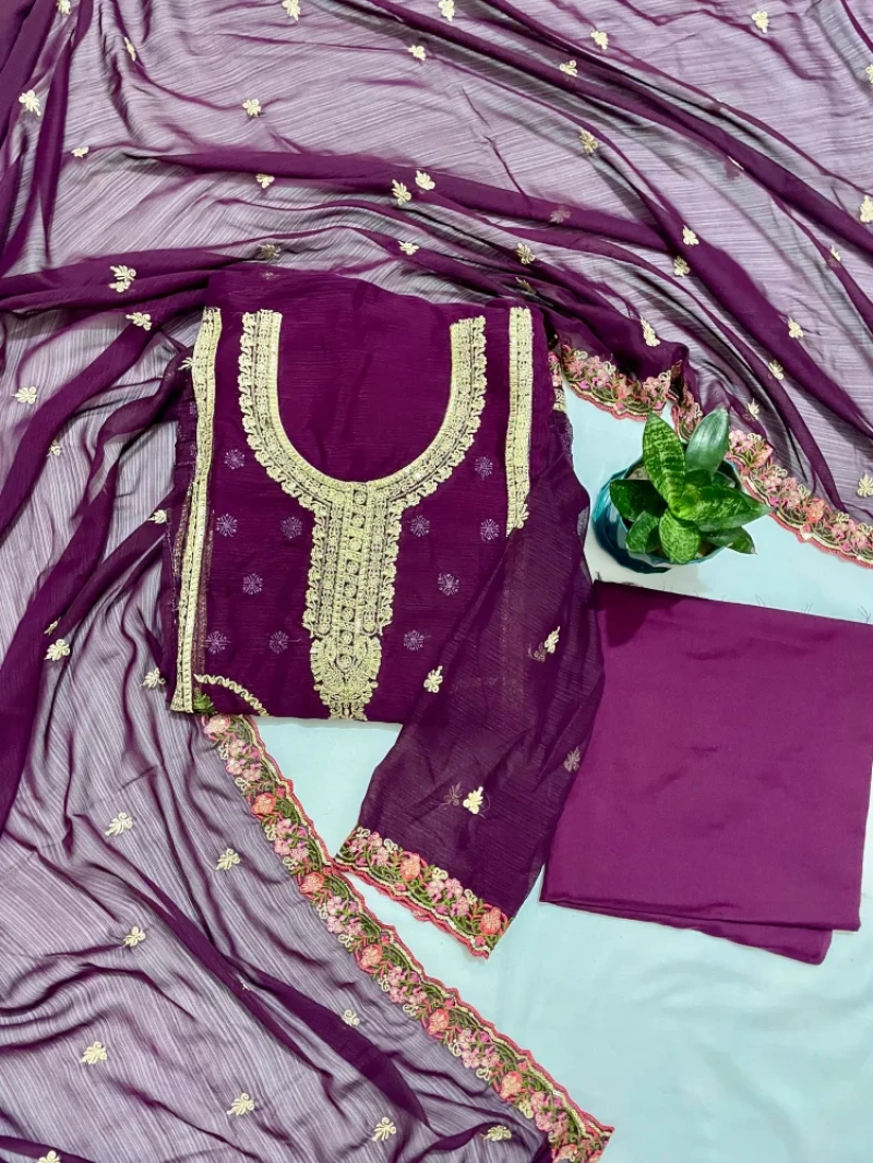 Unstitched Sequence Embroidered Georgette Dress - Dark Purple G101
