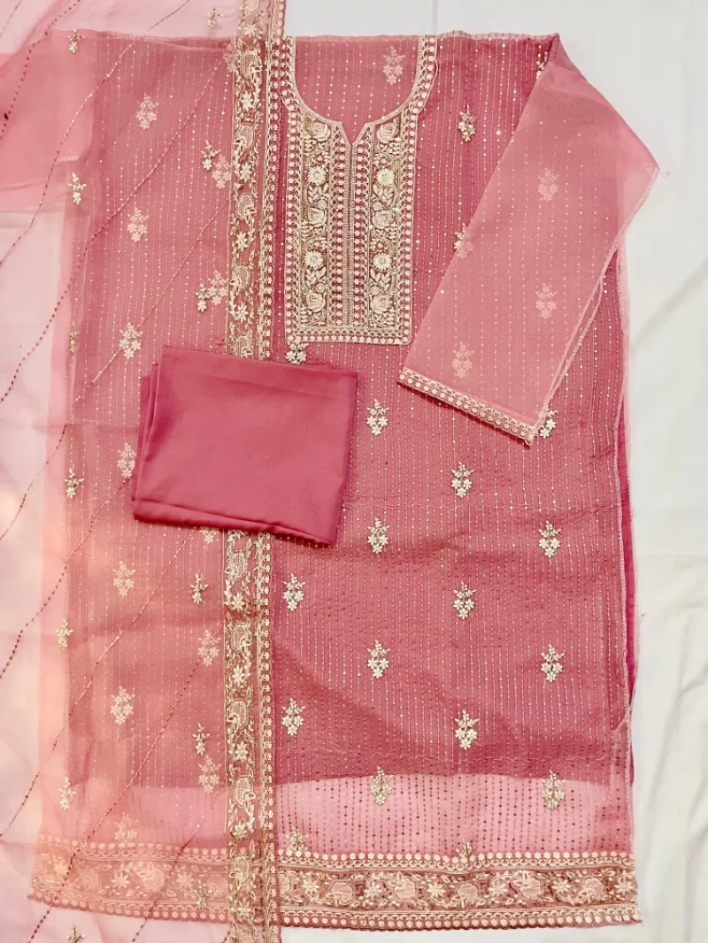 Premium Unstitched Embroidered Organza Dress - Baby Pink G105